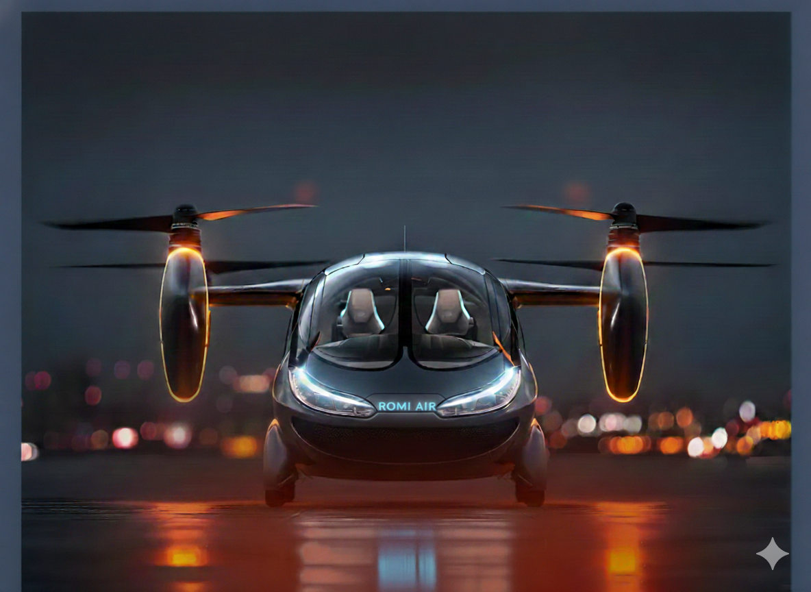 Luxury eVTOL on rooftop landing pad at night overlooking Bosphorus skyline